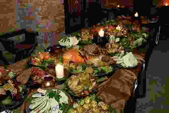 A Medieval Feast With A Variety Of Dishes On A Long Table The Forme Of Cury: A Roll Of Ancient English Cookery