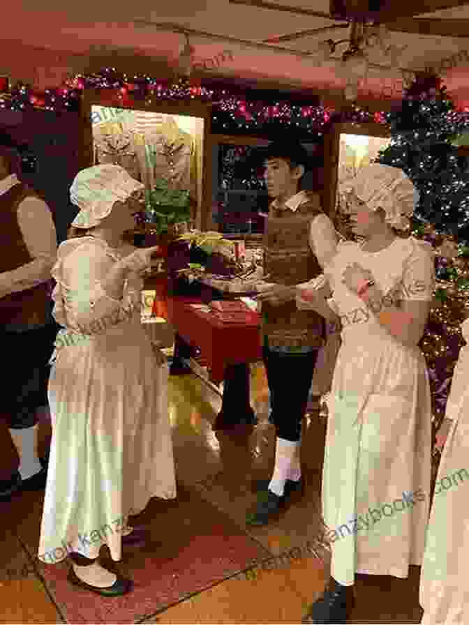 A Painting Of A Colonial Christmas Feast, With People Gathered Around A Table Laden With Food. Historical Christmas Cooking Baking In America