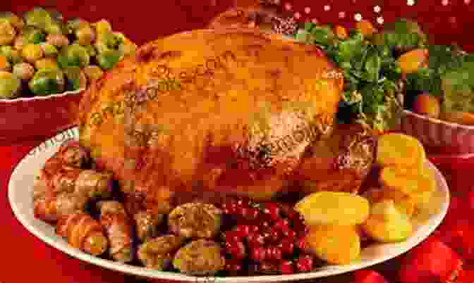 A Photograph Of A 20th Century Christmas Dinner, With A Turkey Surrounded By Modern Side Dishes. Historical Christmas Cooking Baking In America