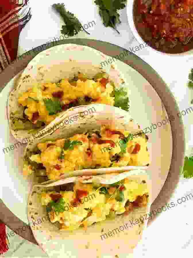 A Plate Filled With Cheesy Potato And Egg Tacos, Garnished With Salsa And Sour Cream. 75 Cheesy Breakfast Potato Recipes: Making More Memories In Your Kitchen With Cheesy Breakfast Potato Cookbook