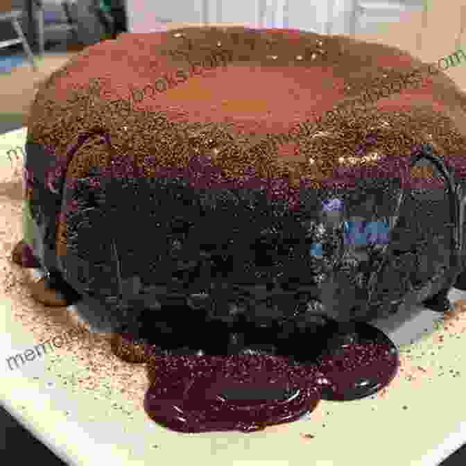 A Stunning Photo Of A Giant Molten Chocolate Box Cake, Beautifully Decorated With Whipped Cream, Chocolate Shavings, And Fresh Berries On A Cake Stand. Giant Molten Chocolate Box Cake