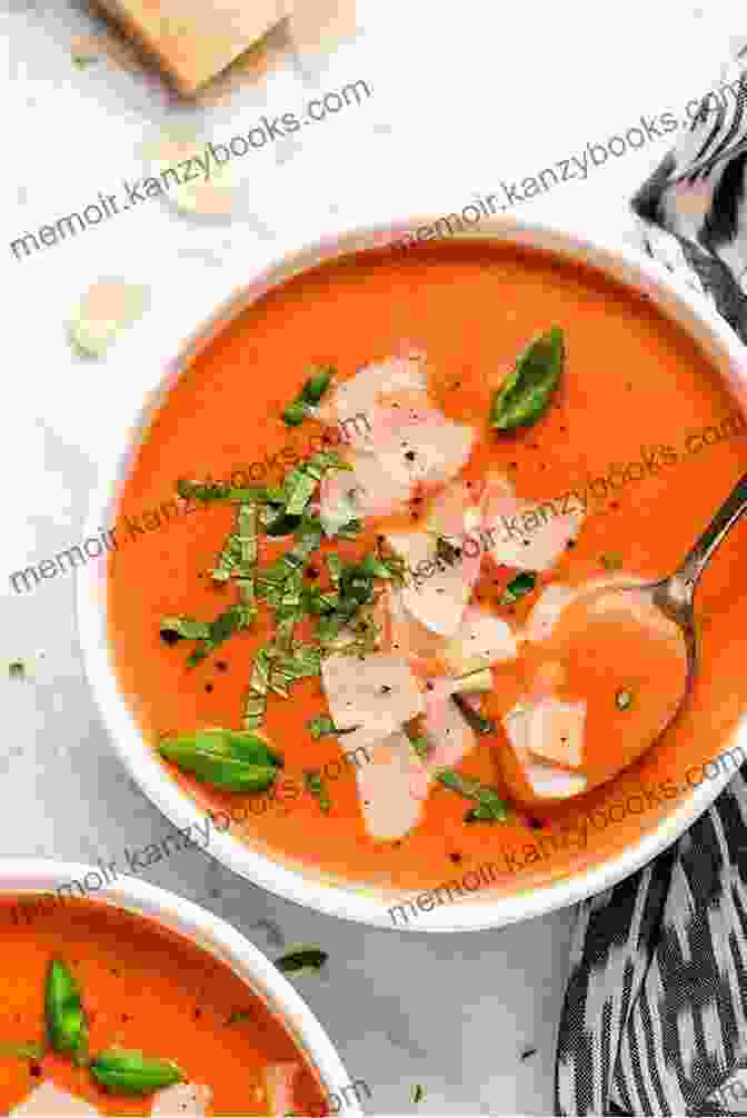 A Vibrant Bowl Of Creamy Tomato Soup, Garnished With Fresh Basil Leaves, Inviting You To Indulge In Its Rich And Tangy Flavors. DASH Diet Soup Recipes: Delicious And Healthy DASH Diet Soup Recipes