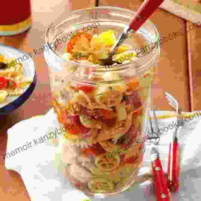 Mason Jar Pasta Salad With Pasta, Vegetables, Cheese, And Dressing Breakfasts In Jars Cookbook: Healthy Quick And Easy Mason Jar Recipes